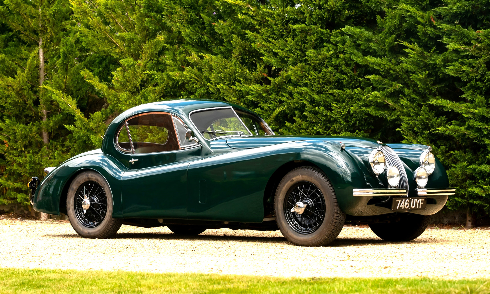 1955 Jaguar XK140 Fixed Head Coupe in British Racing Green, photographed on gravel in front of a conifer hedge
